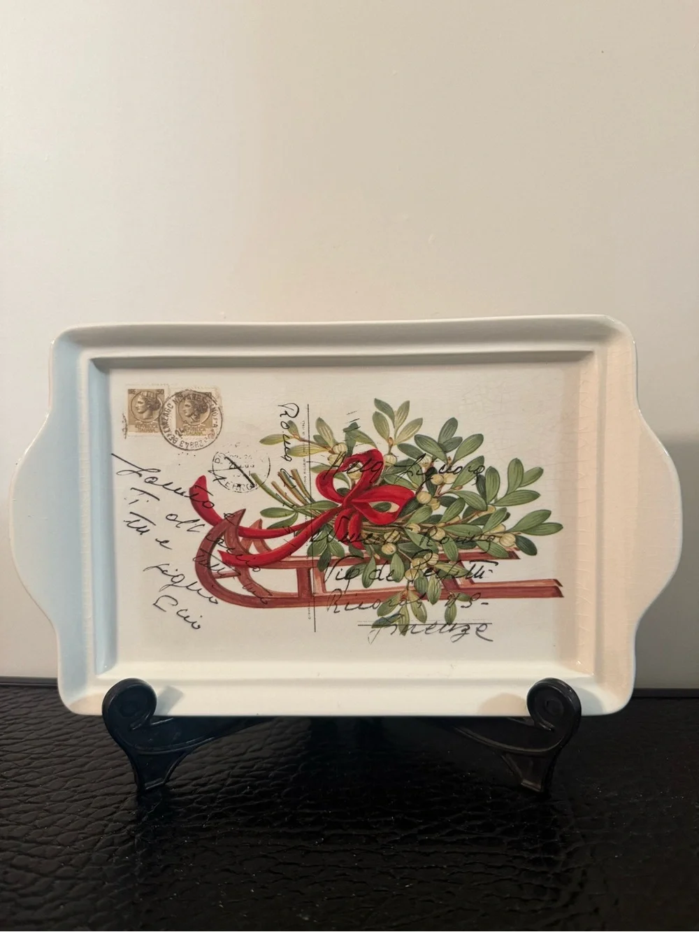 Holiday Sled rectangular Ceramic Tray with vintage postcard image